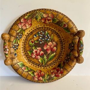 Vintage Brown Hand carved and painted Italian tray with handles.Made in Italy